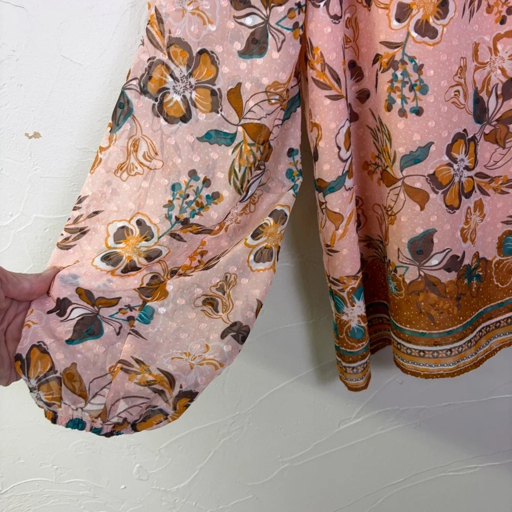 Joie Floral Clip Dot Blouse Women Size Medium Pink Long Sleeve V Neck Boho